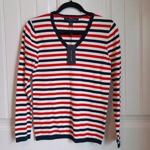 Tommy Hilfiger NWT Striped Navy Red White V Neck Sweater SZ XS